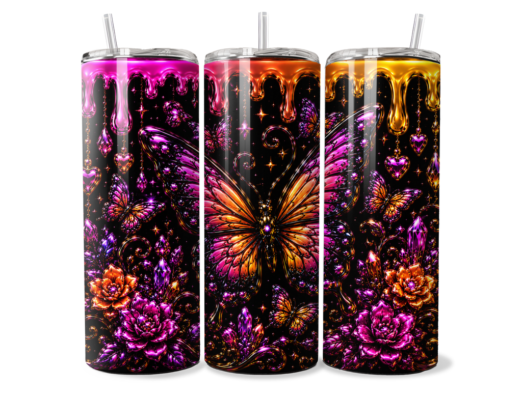 Emberwing Enchantment Tumbler Wrap PNG | Jeweled Butterfly, Crystal & Floral Sublimation Design