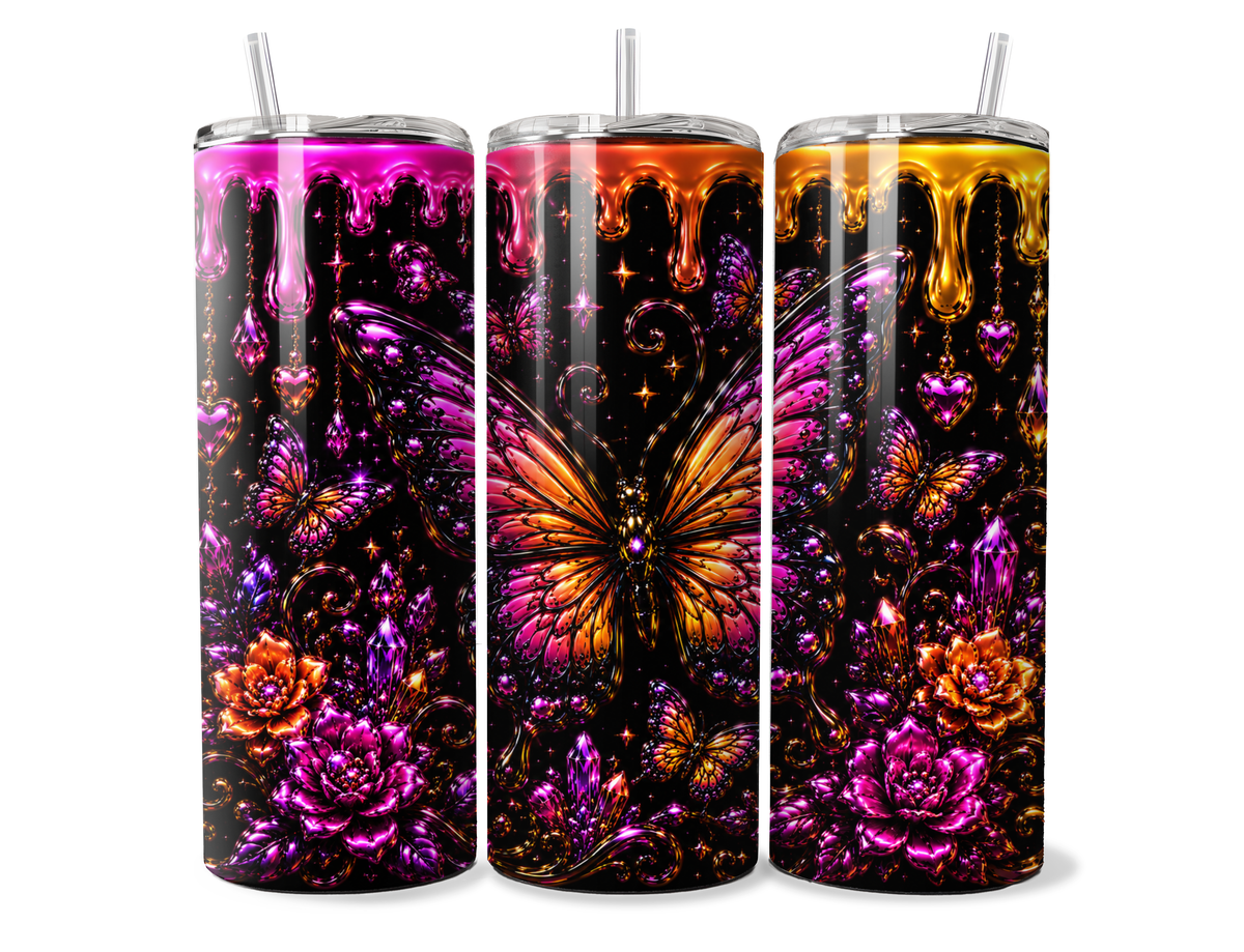 Emberwing Enchantment Tumbler Wrap PNG | Jeweled Butterfly, Crystal & Floral Sublimation Design