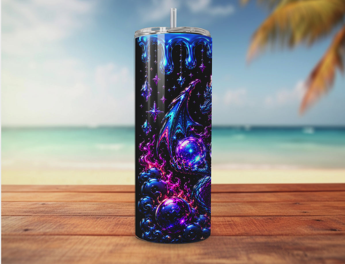 Celestial Dragonfire Tumbler Wrap PNG | Purple Blue Dragon, Crystal & Galaxy Sublimation Design
