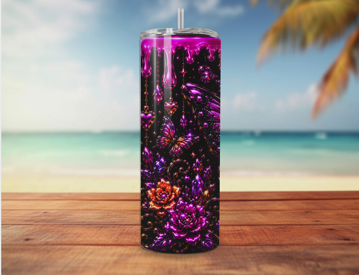Emberwing Enchantment Tumbler Wrap PNG | Jeweled Butterfly, Crystal & Floral Sublimation Design